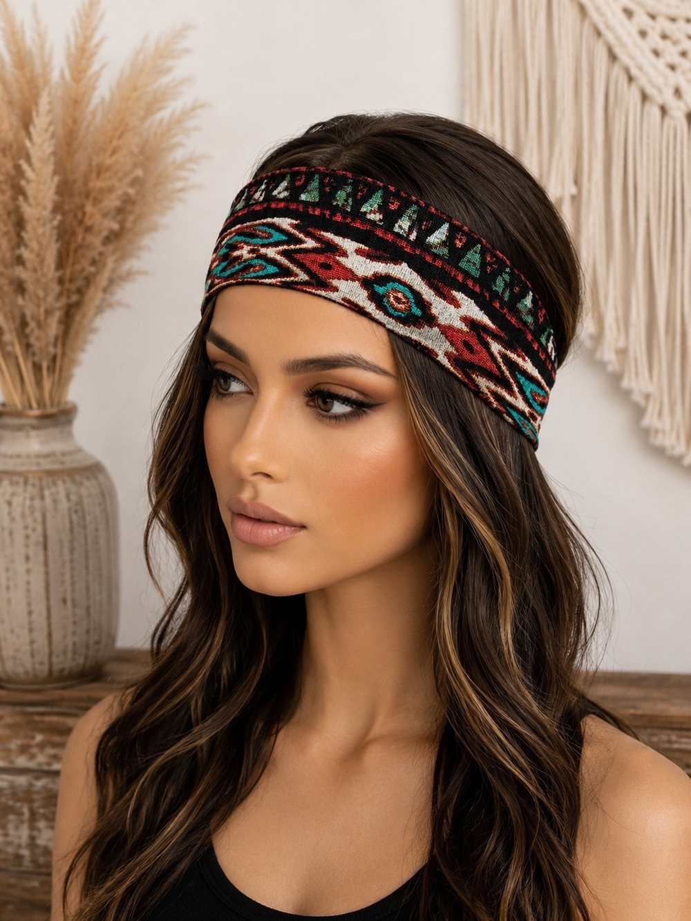Tribal Pattern Wide Headband in Teal & Red - Unbranded